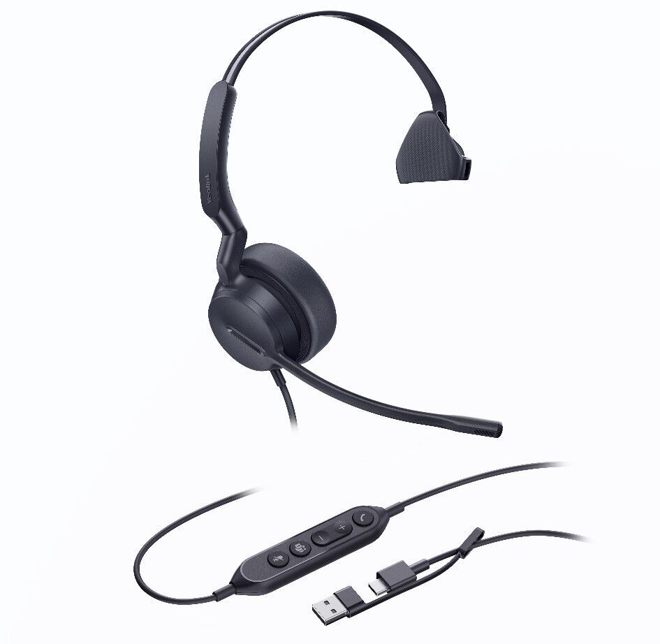Yealink UH44 Mono Teams USB-C/A Microsoft Certified USB Wired Headset, Dual Noise-Canceling Microphones, 35mm Speaker, Busylight Leather Ear Cushions
